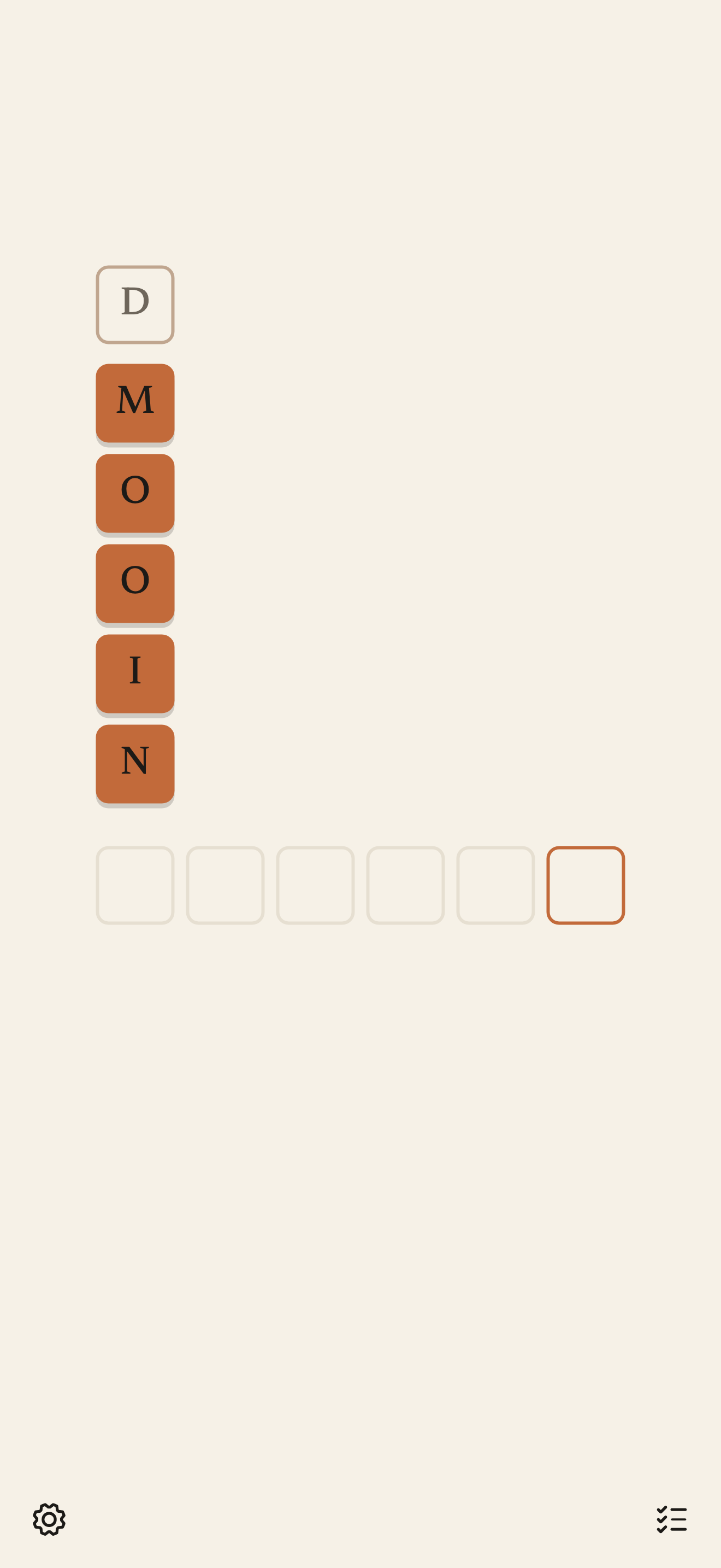 Topsy Wordy puzzle screen showing a column of letters and empty answer slots.