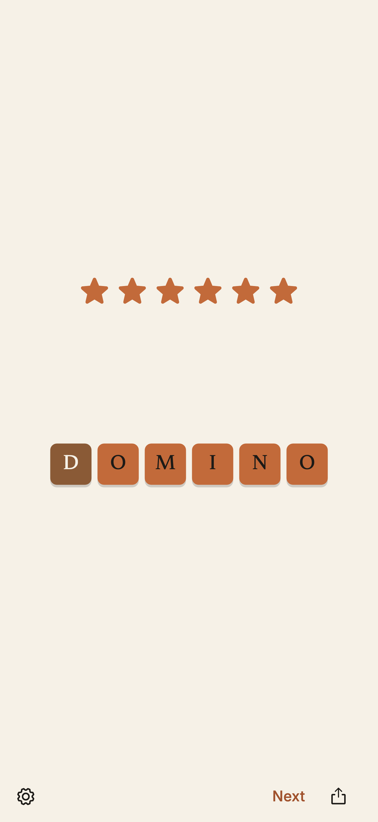 Topsy Wordy solved screen showing the completed word and six earned stars.